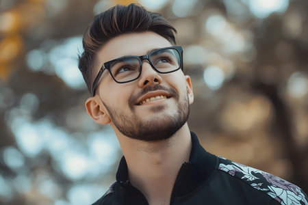 Smiling Handsome Man with Pompadour Hairstyle and Black Glassesの素材
