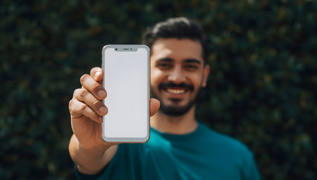 Smiling Man Holding a Blank Smartphone Screenの素材