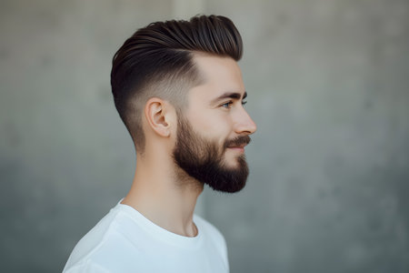 Smiling Young Man with Slicked Back Haircut and Full Dark Beard Profileの素材