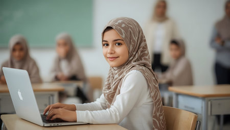 Smiling Muslim Schoolgirl Using a Laptop in a Classroomの素材