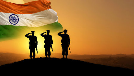 Three Indian Soldiers Saluting the Flag at Sunsetの素材