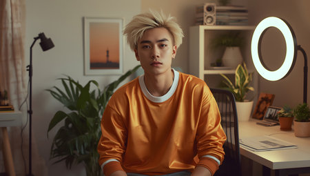 Young man sits thoughtfully in a stylish room illuminated by soft, warm lighting late in the eveningの素材