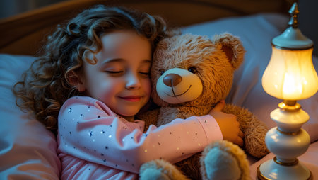Sweet Child Hugging Teddy Bear While Sleeping Peacefullyの素材