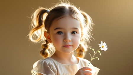 Sweet Girl with Double Pigtails Holding a White Daisy in Soft Sunlightの素材