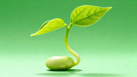 Macro Shot of Green Sprouting Bean Seedling Against Solid Backgroundの素材