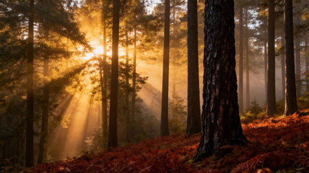 Golden Sun Rays Beaming Through Forest Trees with Red Fernsの素材