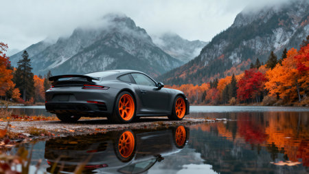 Dark gray sports car with orange wheels beside a lake in autumn mountainsの素材