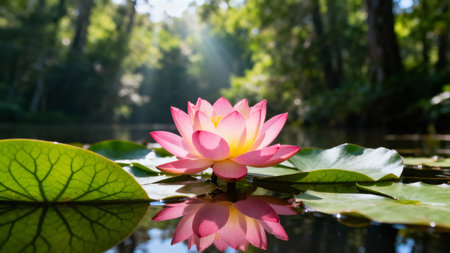 Vibrant Pink Lotus Flower Reflected in Water with Sun Raysの素材