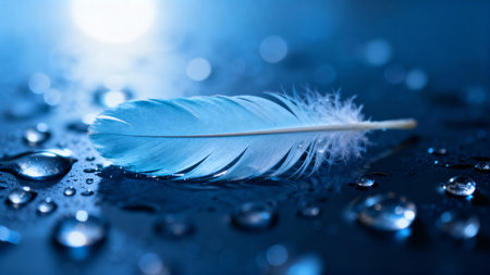Soft blue feather with water drops on a dark wet surface macroの素材