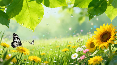 Sunny summer meadow with sunflowers butterflies and fresh green leavesの素材