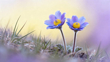 Pair of Purple Anemone Flowers in Grass with Soft Focus Yellow and Purple Backgroundの素材