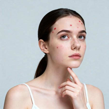 Pensive Woman with Acne Problem Looking Upの素材