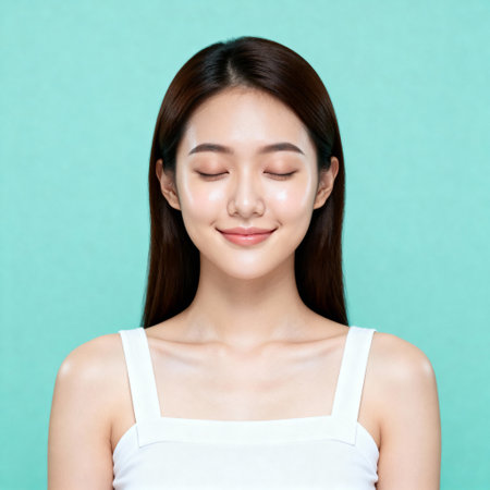 Smiling Asian Woman with Glowing Skin and Closed Eyes Skincare Portraitの素材