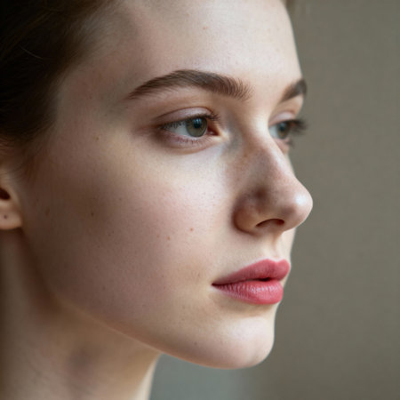 Close-up Profile Portrait of Young Woman with Natural Skincare and Pink Lipstickの素材
