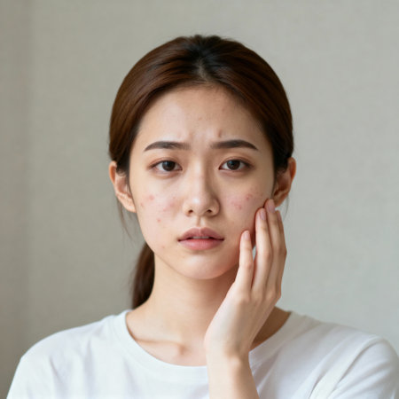 Worried Young Asian Woman with Acne Touching Her Face Portraitの素材