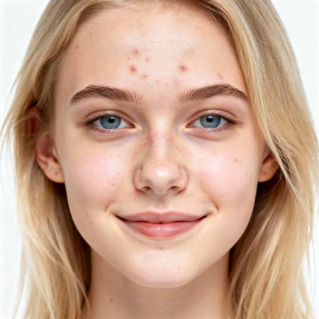 Smiling Young Blonde Woman with Acne and Blue Eyes Close-up Portraitの素材