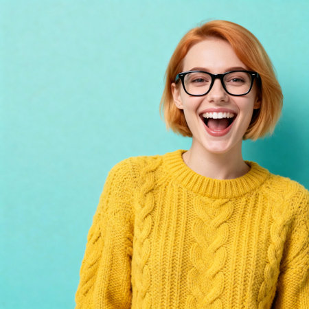 Joyful Young Woman Laughing Broadly With Glassesの素材