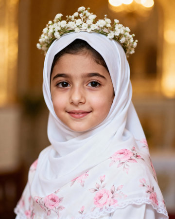 Beautiful Muslim Girl in Hijab and Flower Crown Portraitの素材