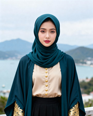 Beautiful Young Asian Muslim Woman in Cream Hijab and Elegant Silk Dress Portraitの素材