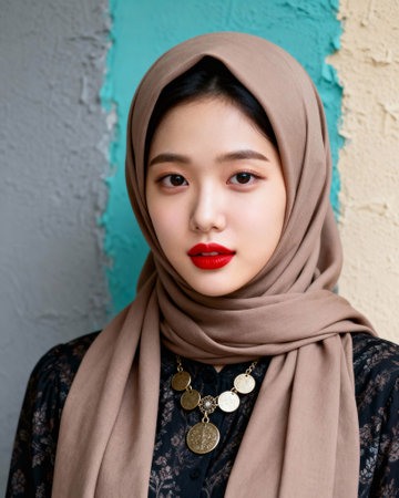Close-up Portrait of Beautiful Woman in Quilted Hijab and Bright Red Lipstickの素材