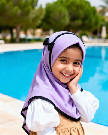 Happy Little Muslim Girl Wearing Purple Hijab Smiling By Swimming Poolside On Sunny Dayの素材