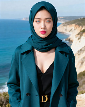 Fashionable Hijabi Woman Posing on Coastal Cliff with Blue Sea Backgroundの素材