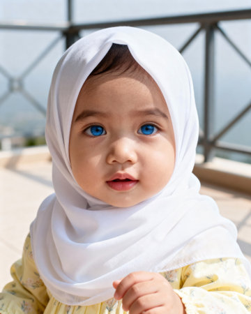 Portrait of a Baby Girl in Hijab with Striking Blue Eyesの素材