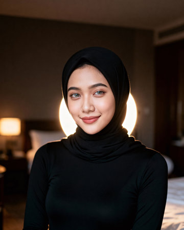 Portrait of a Smiling Young Asian Woman in Hijabの素材