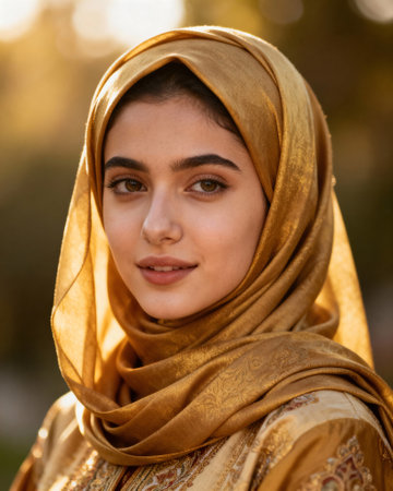 Radiant Young Woman in Golden Hijab and Traditional Attireの素材