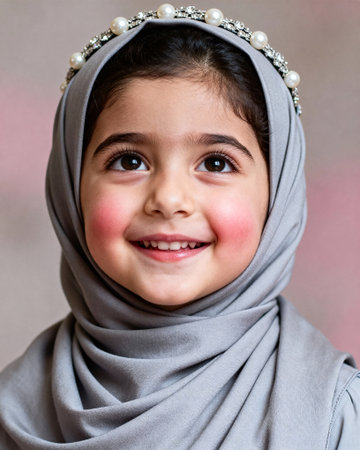 Portrait of Smiling Middle Eastern Girl in Lilac Hijabの素材