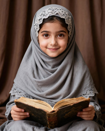 Smiling Little Muslim Girl Wearing Hijab Reading Holy Quran Or Old Book On Brown Backgroundの素材