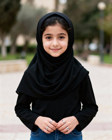 Smiling Muslim Girl in Hijab and Jeans Outdoorsの素材