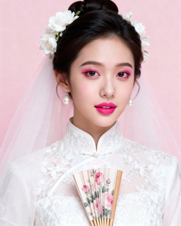 Modern Asian Bride in Pink Makeup and Qipao Dressの素材