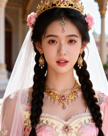 Asian Woman in Fairy Tale Princess Dress and Gold Tiaraの素材