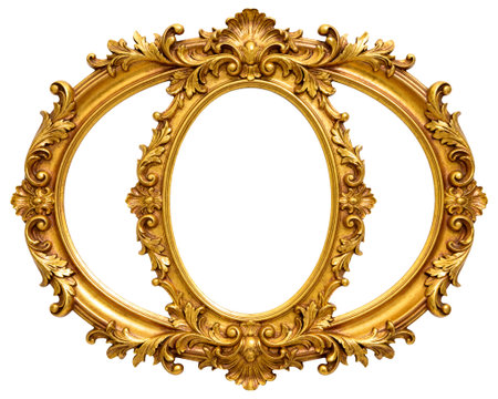 Ornate Golden Double Oval Picture Frame Isolated on Transparent Backgroundの素材