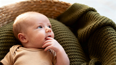 Adorable newborn baby lying in wicker basket on green knitted blanketの素材