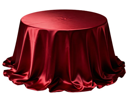 Dark Red Satin Tablecloth Draped on Round Table PNGの素材