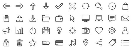 A comprehensive collection of 40 minimalist outline icons designed for user interface and mobile...