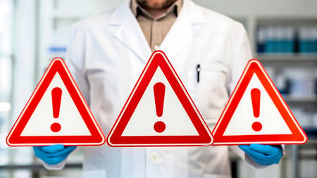 Scientist holding warning sign with exclamation mark in laboratory, closeupの素材