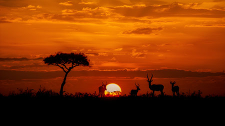 Silhouettes of antelopes at sunset in Serengeti National Park, Tanzania
