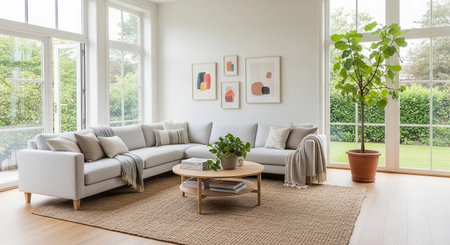 interior of modern bright living room with white sofa and coffee table