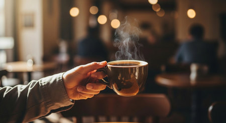 Female hand holding a cup of coffee in a cafe, close-upの写真素材