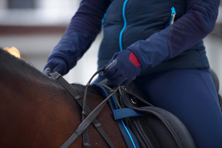 Equestrian country girl riding her horse in winter.の写真素材