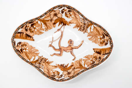 Saucer with image of a monkey in the jungle isolated on white backgroundの写真素材