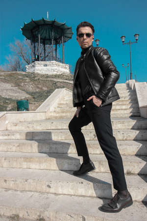 A man goes down the stairs in the back of his observation deck called in the city of Pyatigorsk a...