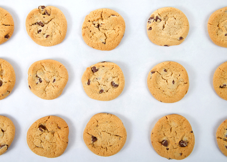 flat view from above fresh baked soft and chewy chocolate chip cookies on a baking tray covered in parchment paper. A popular homemade treat for adults and children alike.の写真素材