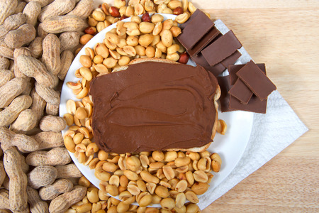 Chocolate peanutbutter spread on bread, open face sandwich on plate with pieces of chocolate, shelled peanuts and whole in shell peanuts on wood table. Tasty combination of chocolate and peanutsの写真素材