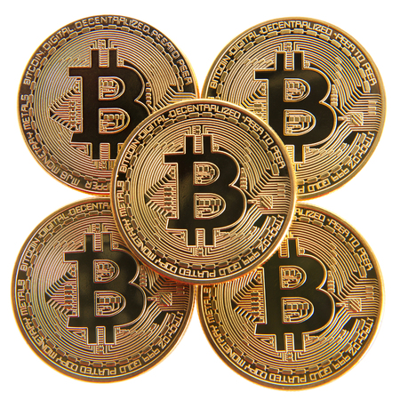 Digital Cryptocurrency currency. Golden bitcoin coins isolated on white background. Physical bit coinsの写真素材