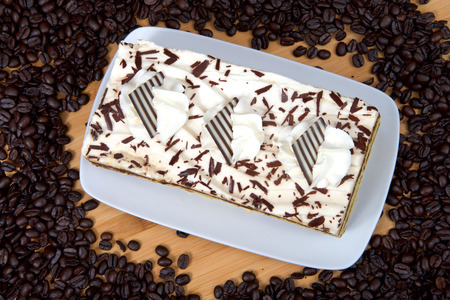 Tiramisu on a rectangular plate on wood table surrounded by fresh whole coffee beans. Tiramisu is a popular Italian dessert with of layers of sponge cake soaked in coffee and brandy or liqueur.の写真素材