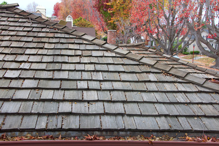 Wood shingle roof on house, rain gutters clogged with leaves, sticks and debris from trees.  Increased risk of rusting, increased need for maintenance and is a potential fire hazard.の写真素材